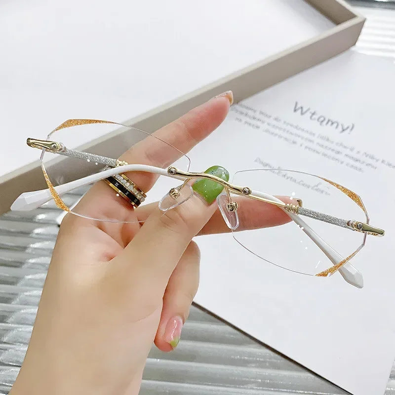 Luxury Frameless HD Lens Anti Blue Light Blocking Reading Glasses Vintage Style Ultra-lightweight and High-end Eyewear for Women