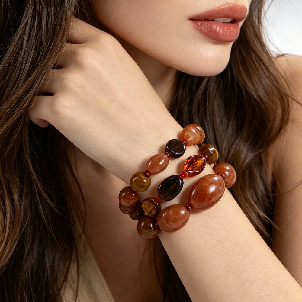 Earthy Gradient Amber Tone Jewelry Combo Triple Strand Necklace And Stackable Bracelet Set Statement Accessory For Women Summer