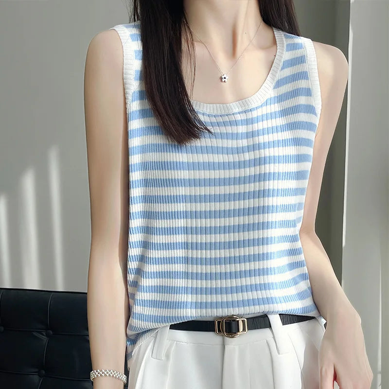 100% pure wool ice silk black-and-white striped knit sling women's round neck sleeveless top slim joker vest in summer