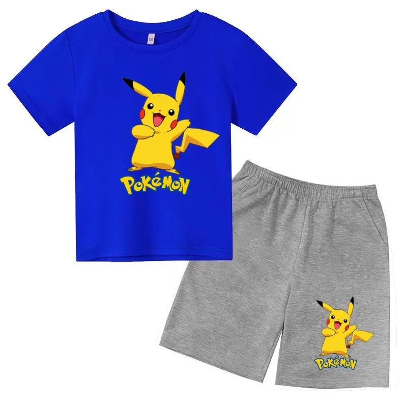 Children's T-shirt Cool Summer Anime Pikachu Print Boys Girls 3-12Years Pokemon Clothing Cartoon Short-sleeved+Shorts Casual Set
