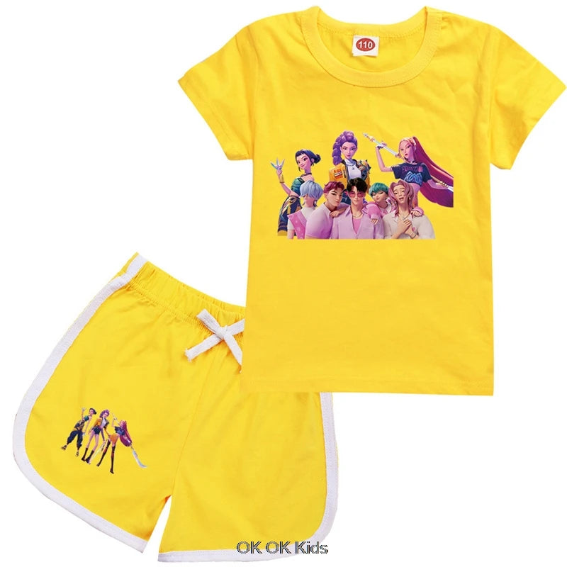 2 Pcs Suit KPop Demon Hunters Rumi Kids Teens Girls T Shirt Shorts 2pcs Sets Toddler Boys Summer Sportsuits Girl's Nightwear Set