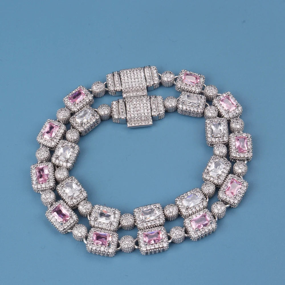 Luxury Pink Cubic Zircon Link Chain Bracelet Iced Out Charm Hip Hop Jewelry For Women Men Christmas Valentine's Day Gifts