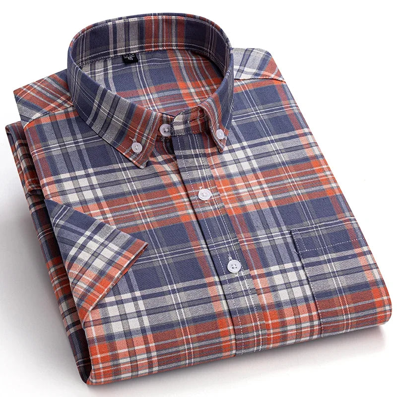 7XL Classic Men's Short Sleeve Shirt 100% Oxford Cotton Casual Plaid Stripe Shirt Business Men's Shirts Short Sleeve Large Size