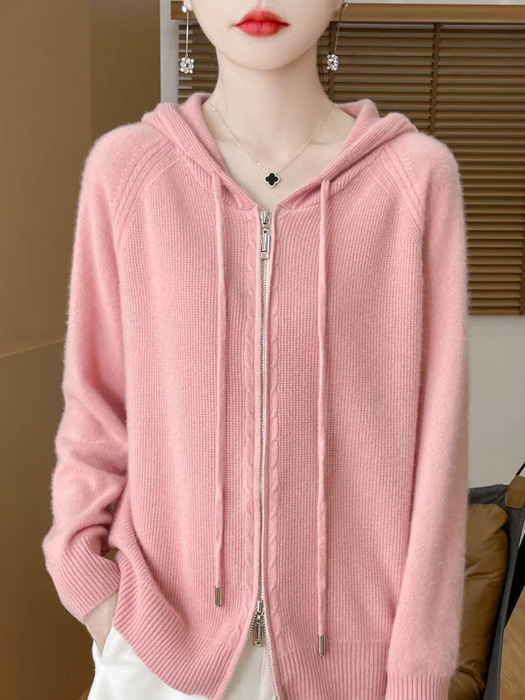 Autumn Winter 100% Merino Wool Sweater Cardigan Women's Hooded Zippers Raglan Sleeve Cashmere Knitwear Casual Chic Clothing Tops