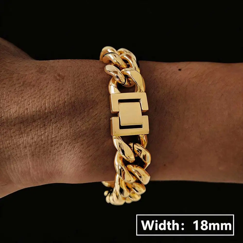14/16/18mm Stainless Steel Cuban Link Bracelet Men Gold Silver Plated Hip Hop Chunky Chain Wristband Jewelry Gift