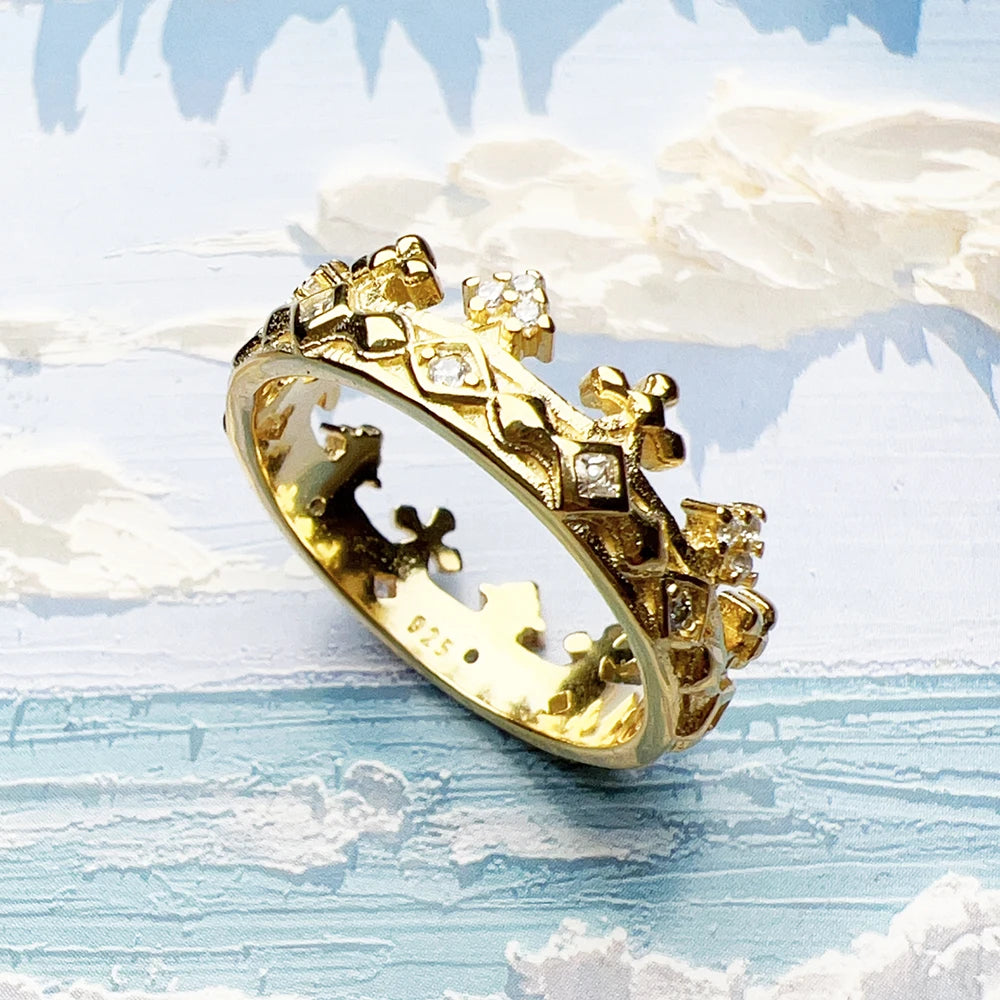 Ring Crown Gold Europe Style Fine Jewelry For Women Summer Brand New Pure 925 Sterling Silver Classic Gift