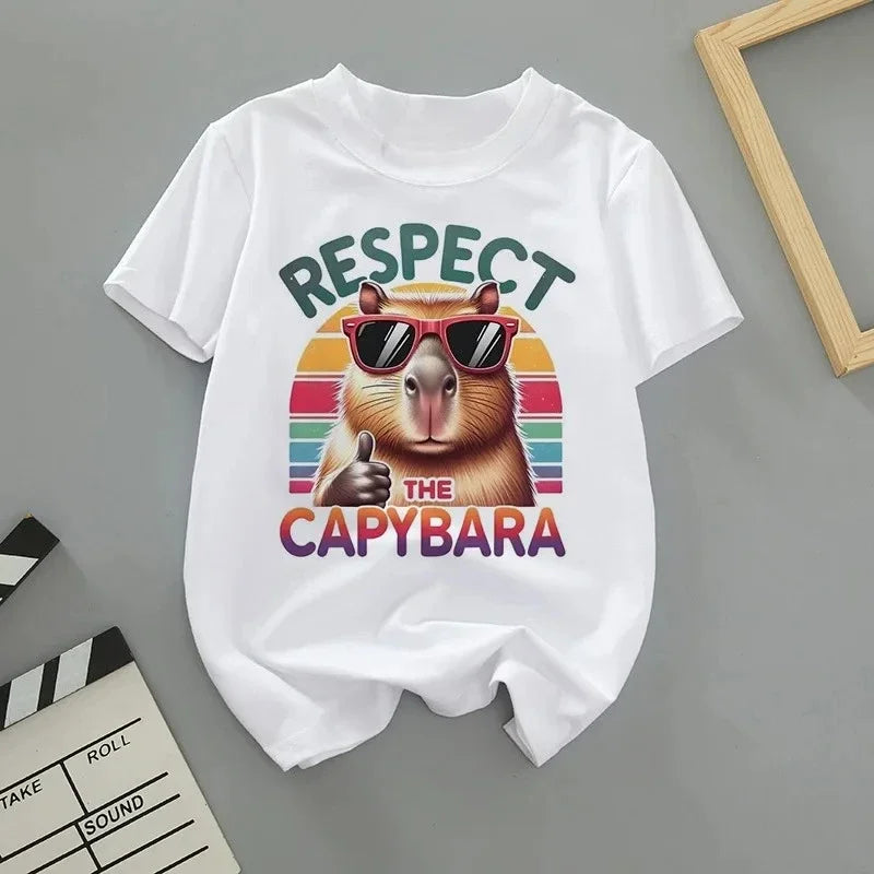 Summer Cartoon Cute Capybara Print Children T-shirt Short-sleeved Fashion Boys and Girls Round-neck Baby Kid Tshirt Trend