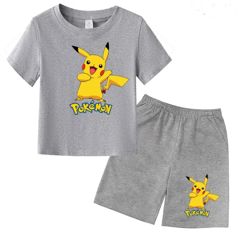 Children's T-shirt Cool Summer Anime Pikachu Print Boys Girls 3-12Years Pokemon Clothing Cartoon Short-sleeved+Shorts Casual Set