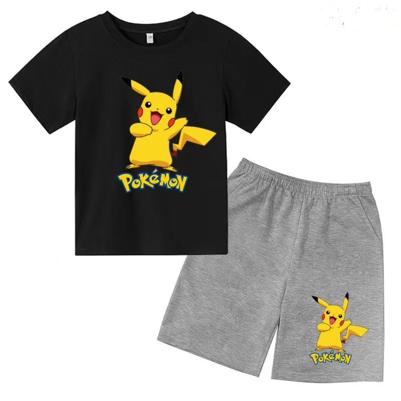 Children's T-shirt Cool Summer Anime Pikachu Print Boys Girls 3-12Years Pokemon Clothing Cartoon Short-sleeved+Shorts Casual Set