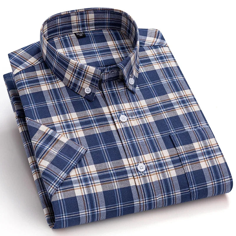 7XL Classic Men's Short Sleeve Shirt 100% Oxford Cotton Casual Plaid Stripe Shirt Business Men's Shirts Short Sleeve Large Size