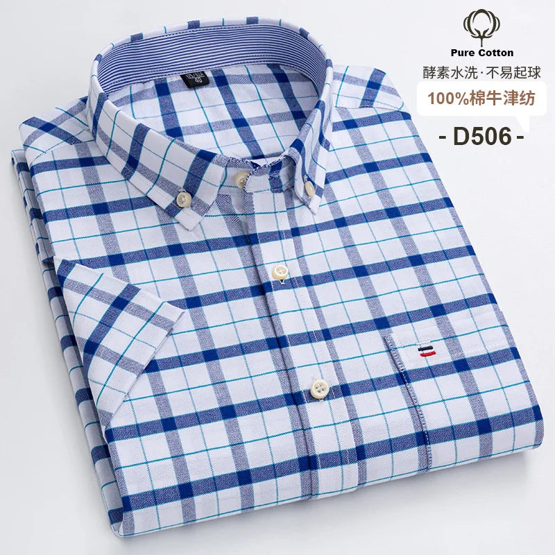 7XL Classic Men's Short Sleeve Shirt 100% Oxford Cotton Casual Plaid Stripe Shirt Business Men's Shirts Short Sleeve Large Size
