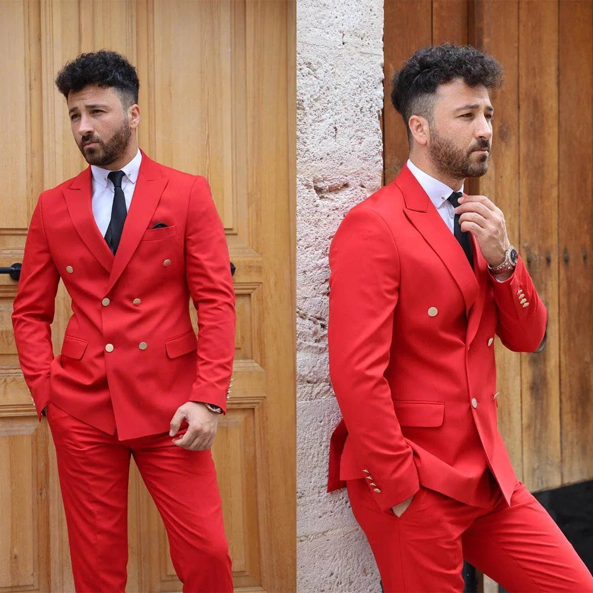 2-piece  Red Men Suit Blazer Pants Double Breasted Peaked Lapel Business Slim Wedding Groom Tailored Costume Homme
