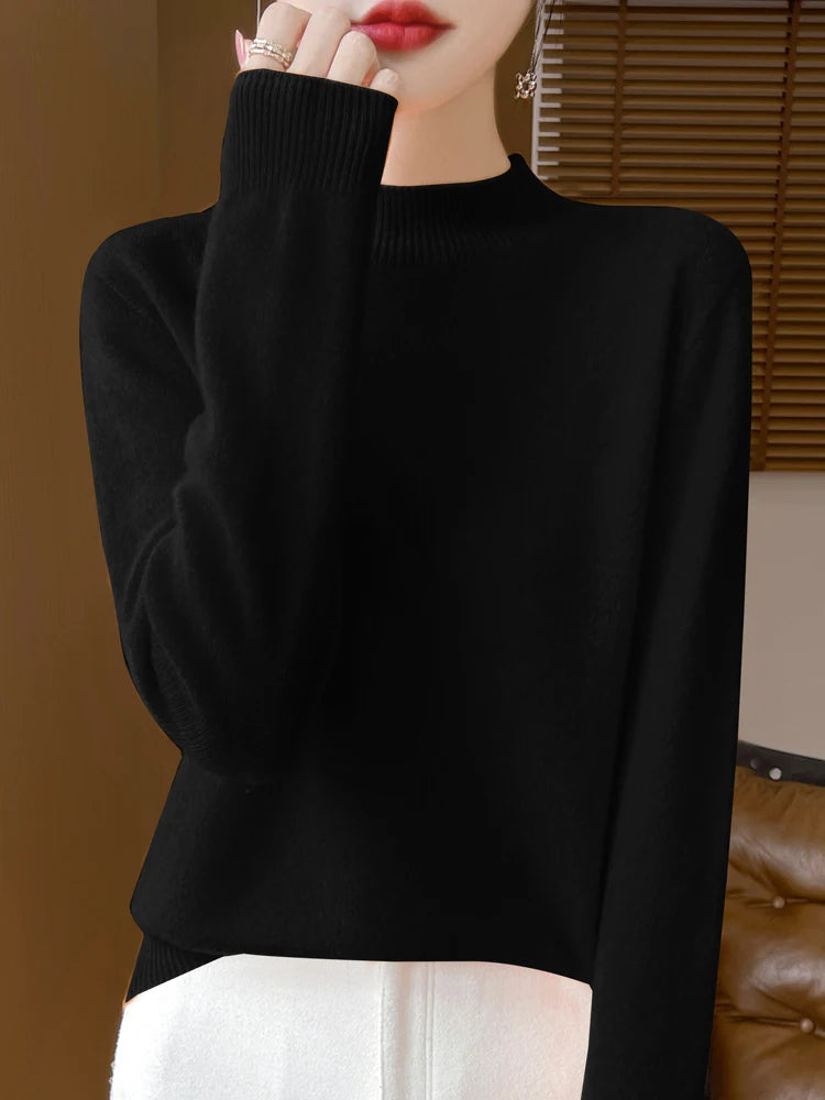 Women's Elegant Basic Style Pullover 100% Merino Wool Knitwear Autumn Winter Warm Solid Casual Loose Exquisite Clothing Tops