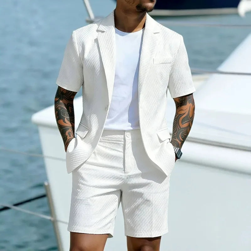 KIDWHXR Men Suit Set Summer British Style Solid Color Short Sleeve Male Outfit Slim Breathable Business Wedding Man 2-piece Suit