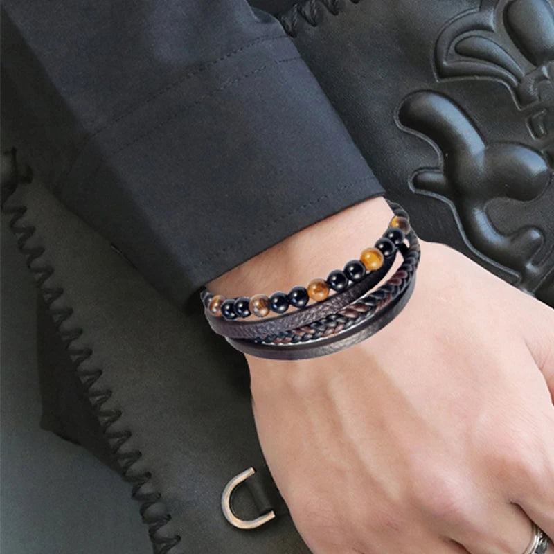 2025 New Beads Tiger's Eye Stone Bracelet for Men Four Layers Leather Bracelet with Stainless Steel Magnet Male Jewelry Gift