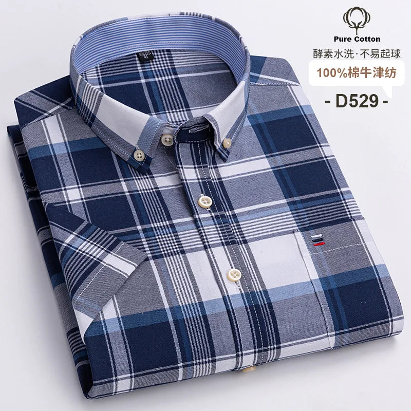 7XL Classic Men's Short Sleeve Shirt 100% Oxford Cotton Casual Plaid Stripe Shirt Business Men's Shirts Short Sleeve Large Size