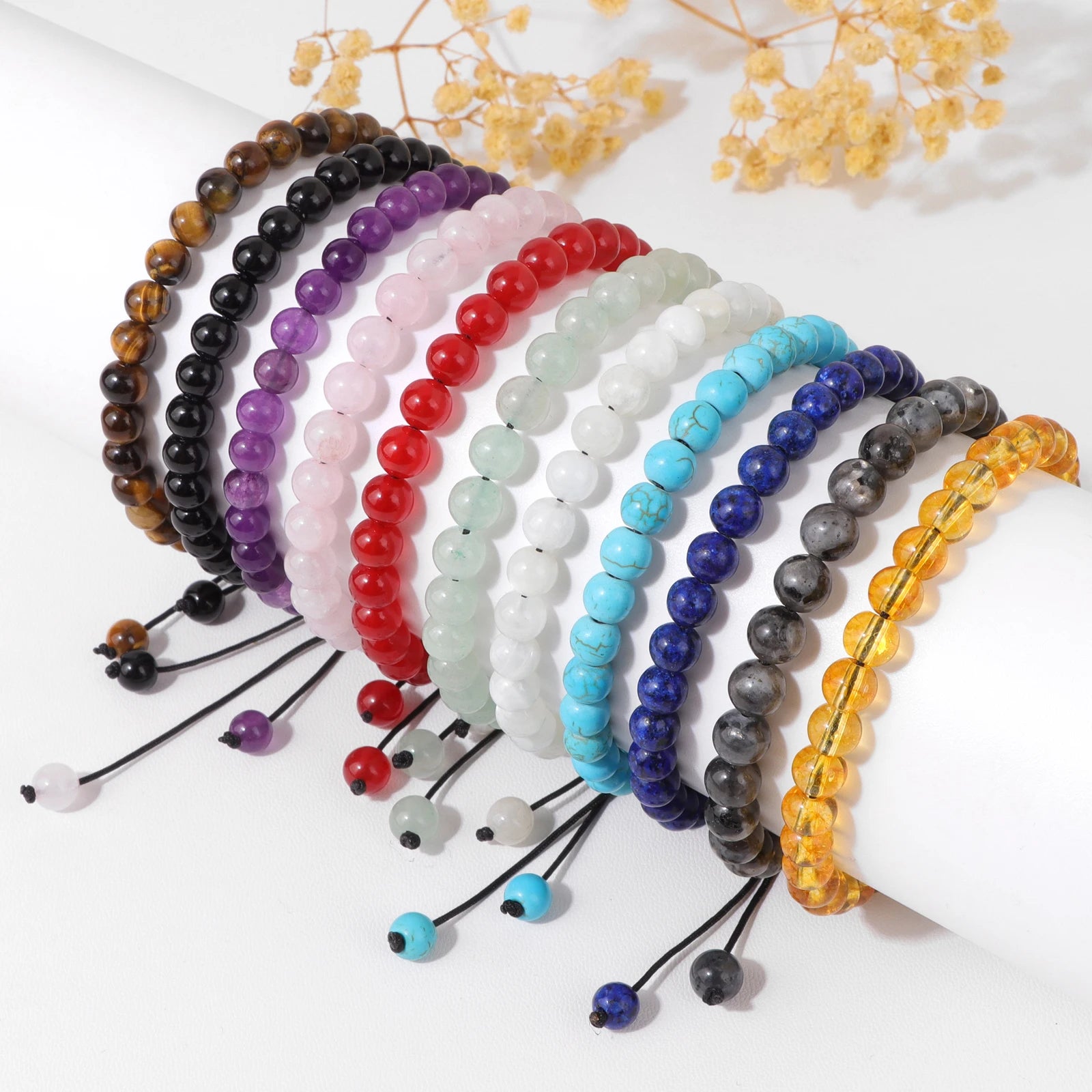 4/6/8mm Natural Black Tourmaline Stone Beads Bracelet Healing Energy Bracelets Adjustable Rope Braided Bracelet with Card Gifts