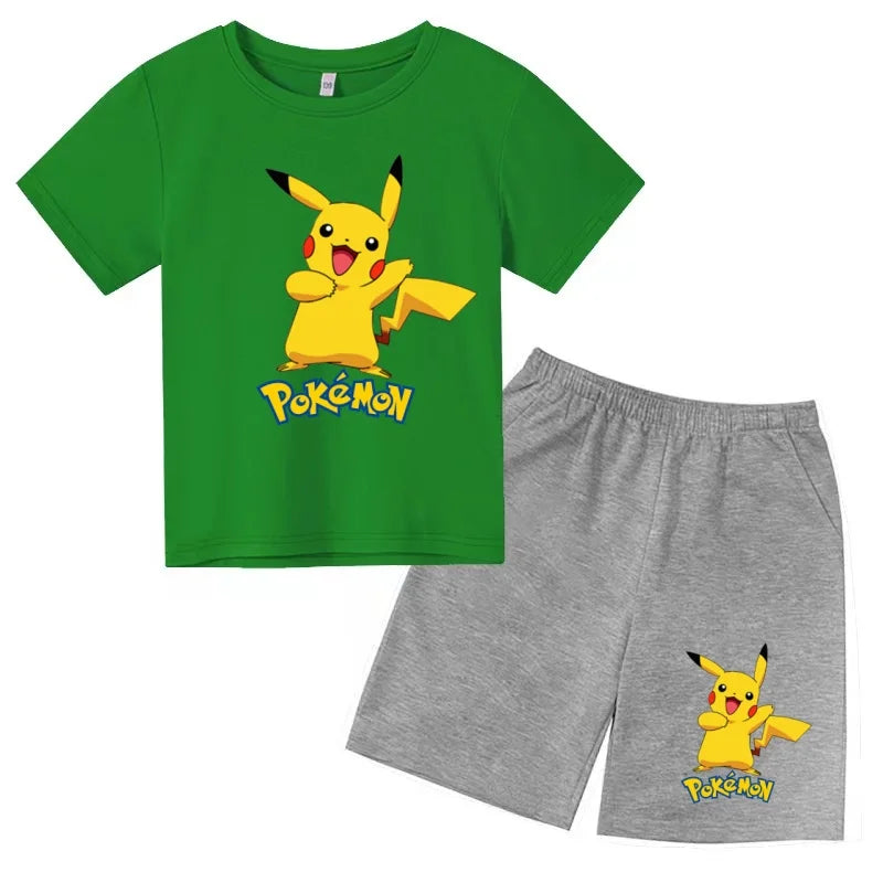 Children's T-shirt Cool Summer Anime Pikachu Print Boys Girls 3-12Years Pokemon Clothing Cartoon Short-sleeved+Shorts Casual Set