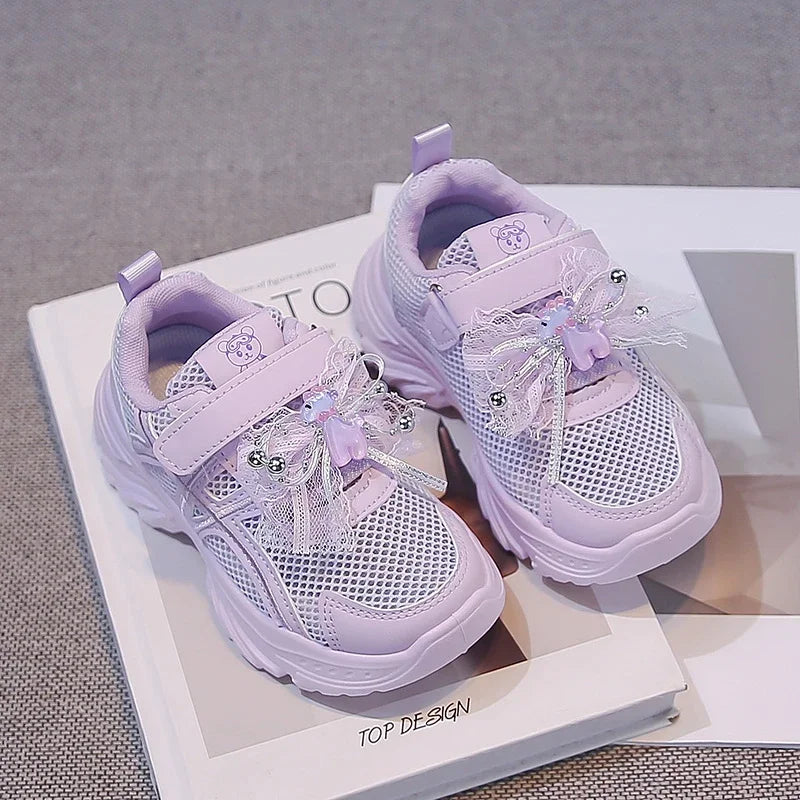 Summer Toddler Girls Breathable Mesh Chunky Sneakers Rhinestone Non-Slip Soft Sole for Daily School Outdoor Running Play Wear