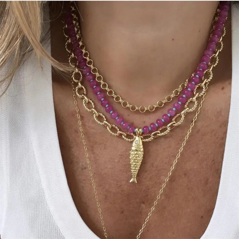 Trendy 4 Designs Stainless Steel Gold Plated Fish Turtle Pendant Stone Necklace for Women Waterproof Beach Party Jewelry Summer