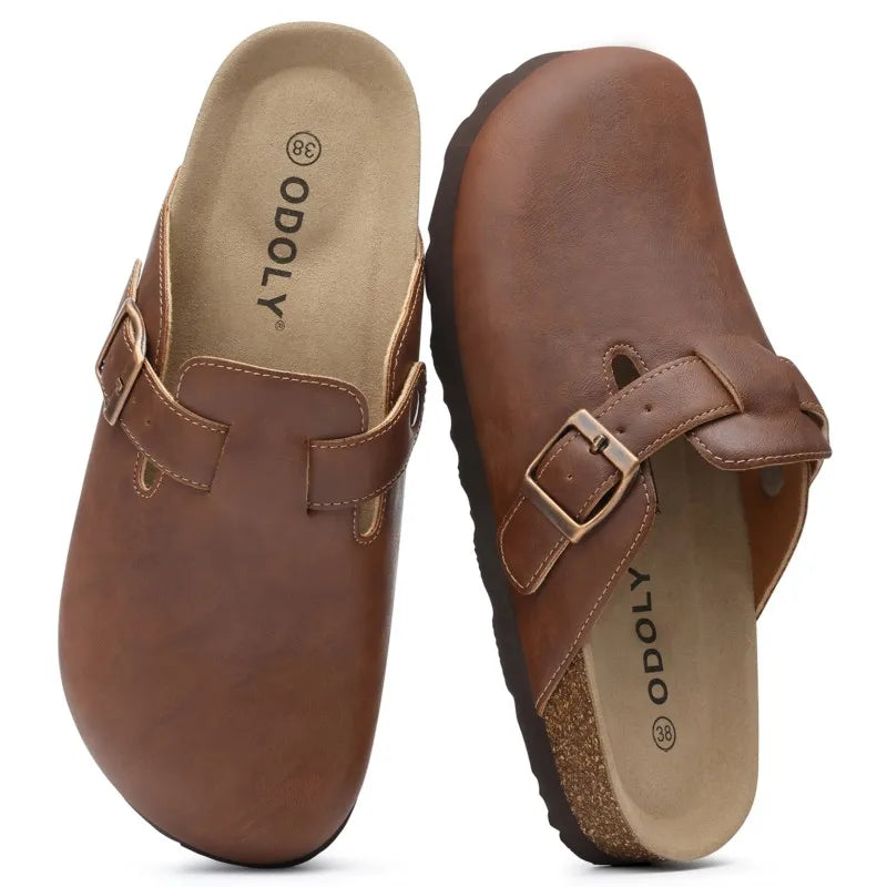 Kidmi Unisex Cork Insole Mules - Vegan Leather Adjustable Buckle Slip-On Clogs with Arch Support Potato Shoe for Women And Men