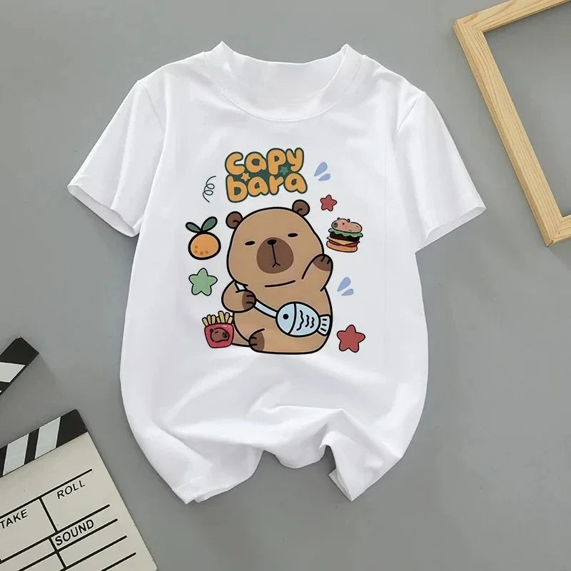 Summer Cartoon Cute Capybara Print Children T-shirt Short-sleeved Fashion Boys and Girls Round-neck Baby Kid Tshirt Trend