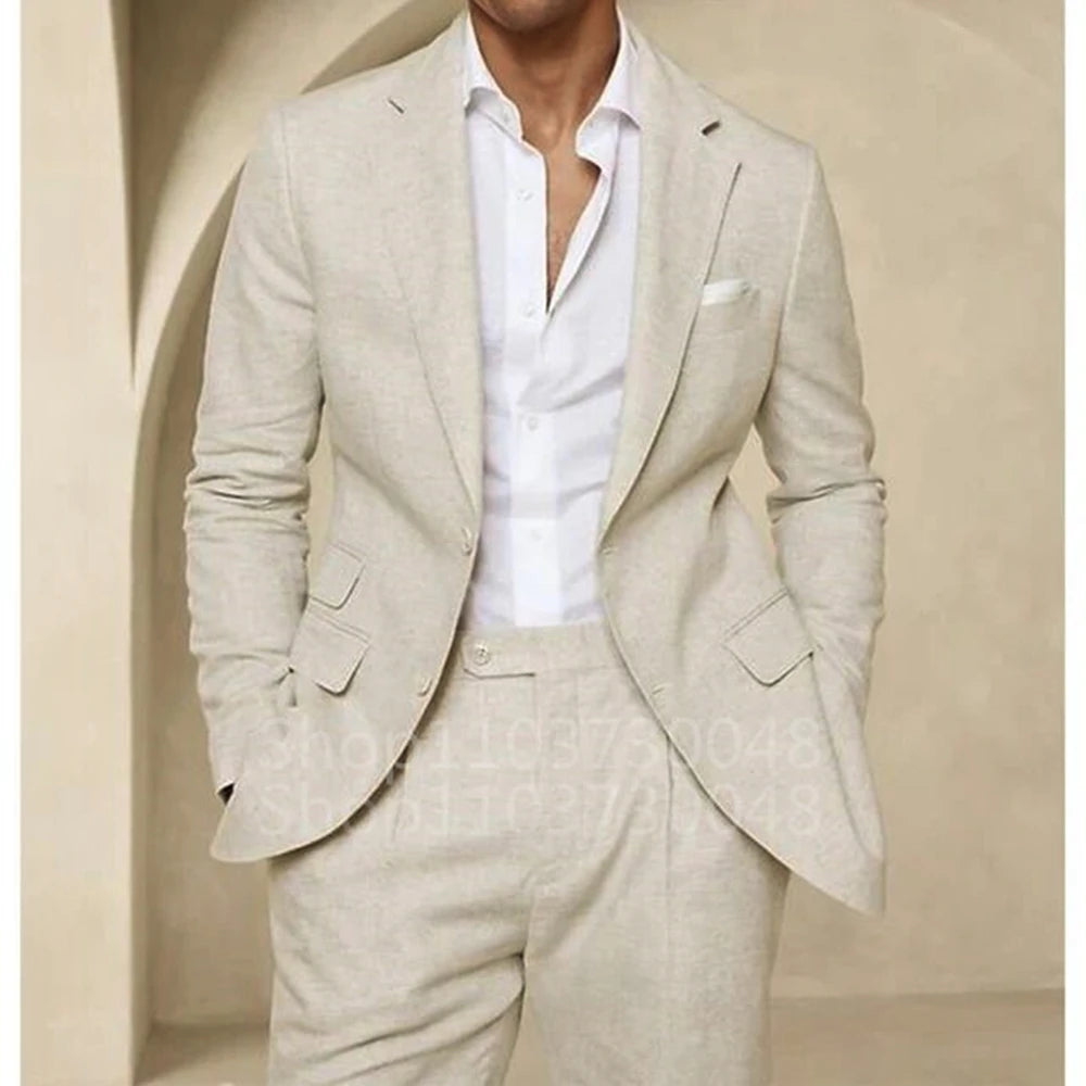 Blue Linen Wedding Suits for Party Prom Slim Fit Casual Men Suit Notched Lapel Jacket with Pants 2 Pieces Set for Summer Beach