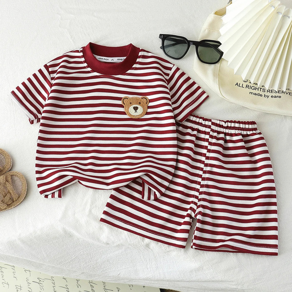 1Set Kid Clother Set Children Black White Stripe Print Short Sleeve T-Shirt Shorts Boy Girl Top Toddler Baby Leisure Sport Suits
