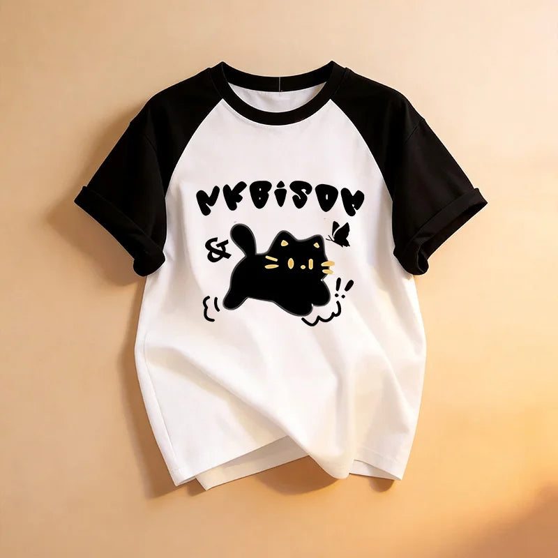 Funny Kawaii T Shirt Retro Black Cat Letter Print Crew Neck T-Shirt Casual Short Sleeve Tops for Spring Summer Women's Clothing