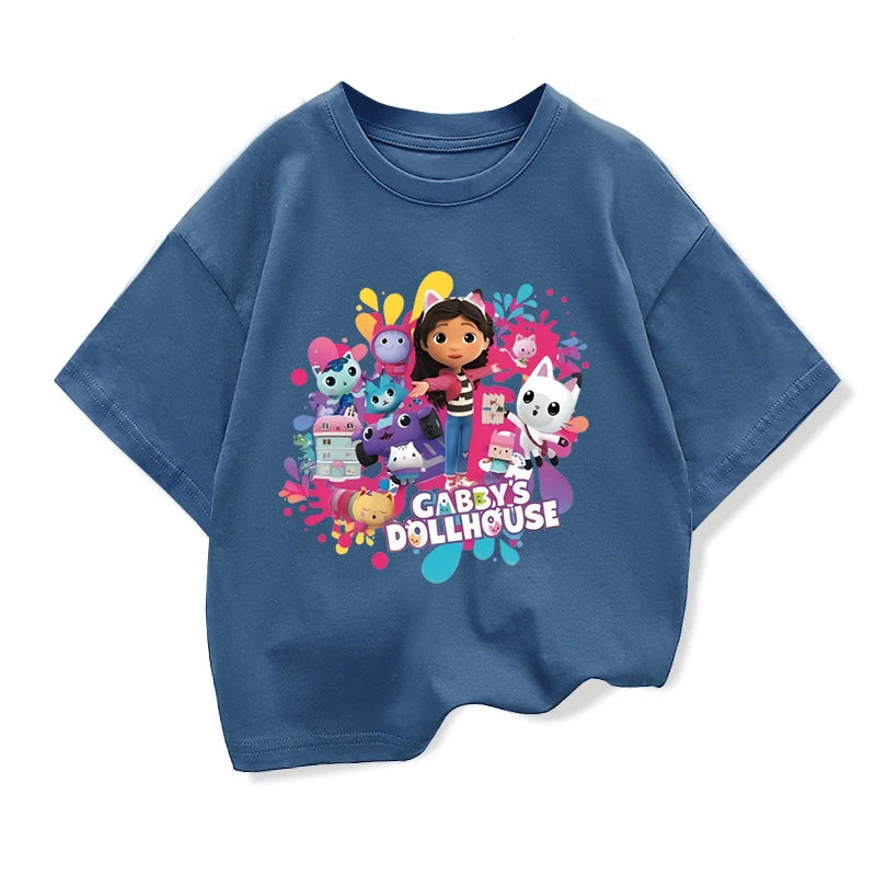 Summer Tee Girls Short Sleeve Tops Kawaii Gabbys Dollhouse T-shirt for Baby Girls Gabby Cats T Shirts Kids  Children Clothing