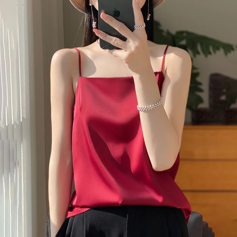 New Ice Silk Sexy Satin Strap Women's Spring/Summer Vest Solid Color Sleeveless Sexy Comfortable Silk Underwear Vest RW-D19