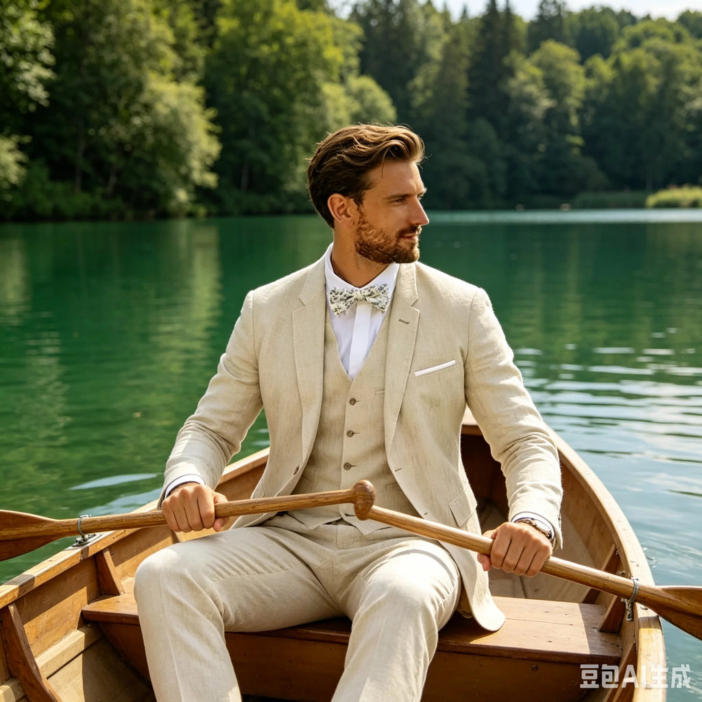 3 Piece Blue/Beige Linen Men's Slim Fit Suits Notch Lapel Blazer Summer Wedding Groom Tuxedos for Prom Party (Jacket+Vest+Pant)