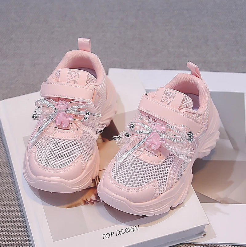 Summer Toddler Girls Breathable Mesh Chunky Sneakers Rhinestone Non-Slip Soft Sole for Daily School Outdoor Running Play Wear