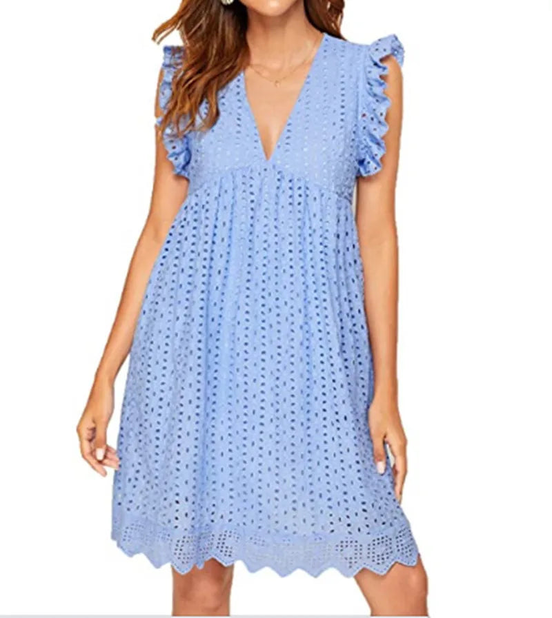 Cross border new lace jacquard hollowed out V-neck dress with pockets and lining shorts for women in Europe and America