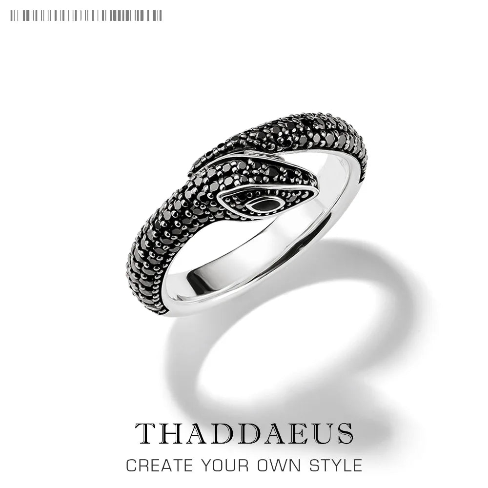 Black Stone Pave Snake Ring Europe Style Jewelry For Girls Women Brand New Vintage Gift In Solid 925 Sterling Silver
