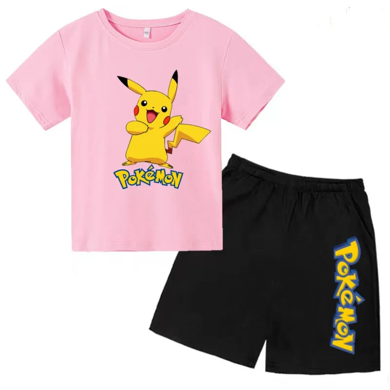 Children's T-shirt Cool Summer Anime Pikachu Print Boys Girls 3-12Years Pokemon Clothing Cartoon Short-sleeved+Shorts Casual Set