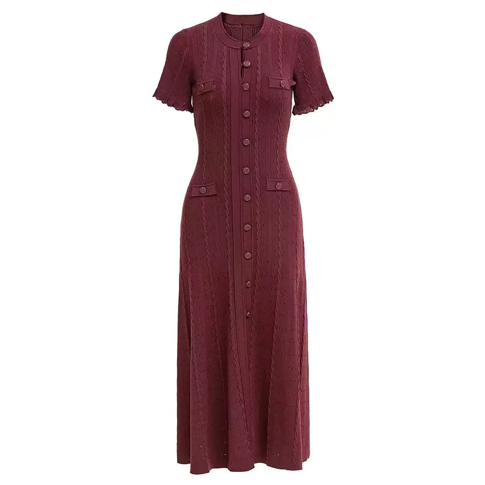 Vintage Cable Knit Midi Dress Button Front Ruffled Short Sleeve Pocket Design Elegant Party Casual Knitted Dress