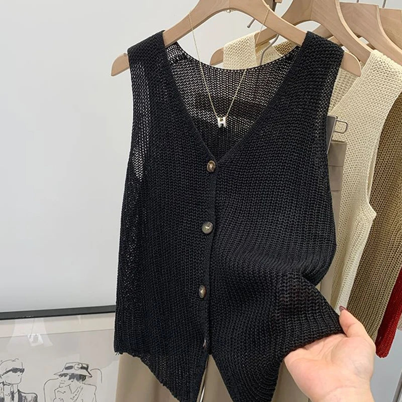 Summer Korean Cotton And Linen Fashion Casual Solid Color Loose V-Neck Vest For Women