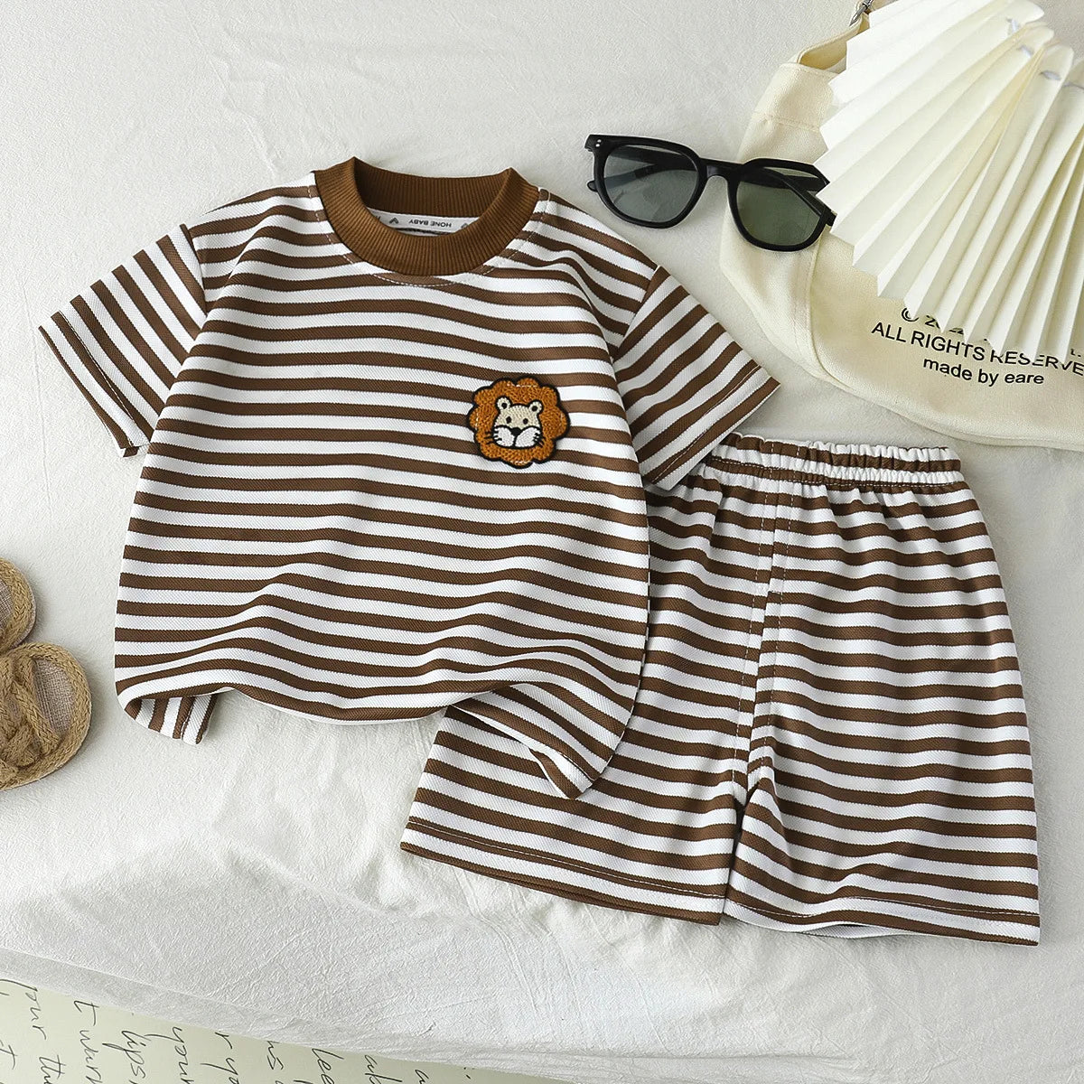 1Set Kid Clother Set Children Black White Stripe Print Short Sleeve T-Shirt Shorts Boy Girl Top Toddler Baby Leisure Sport Suits
