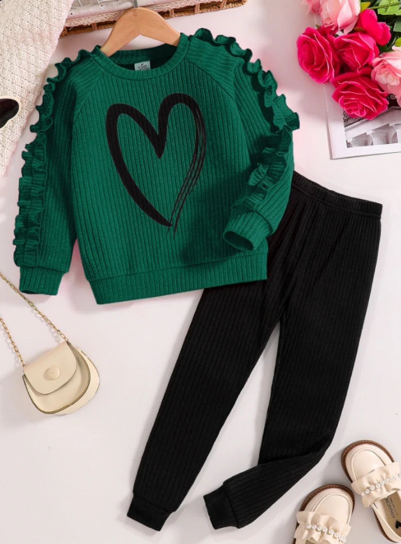 Spring and Autumn children fashion sports set girls sweater + casual pants two-piece girls cartoon heart printed clothing