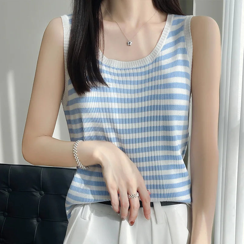 100% pure wool ice silk black-and-white striped knit sling women's round neck sleeveless top slim joker vest in summer