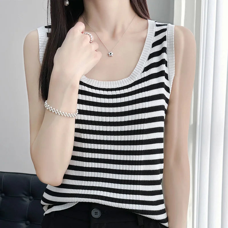 100% pure wool ice silk black-and-white striped knit sling women's round neck sleeveless top slim joker vest in summer