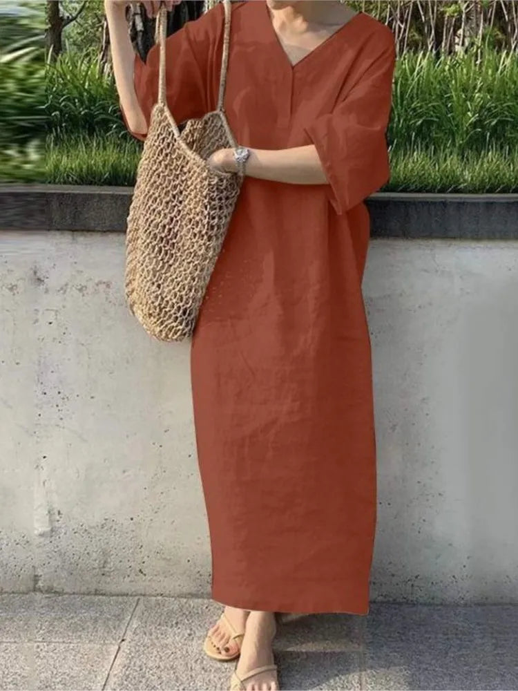 Casual Solid Color Cotton Linen Long Dresses Women Loose Short Sleeves V-neck Vintage Simple Style Lady Maxi Dress Summer New