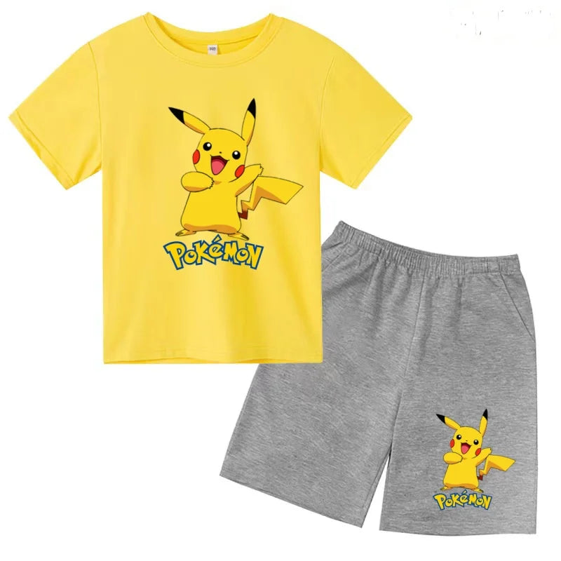 Children's T-shirt Cool Summer Anime Pikachu Print Boys Girls 3-12Years Pokemon Clothing Cartoon Short-sleeved+Shorts Casual Set