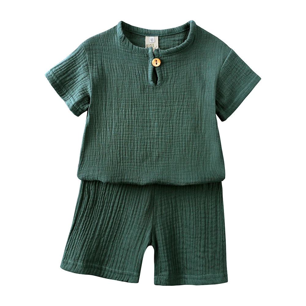 2026 Toddler Summer Boy Girl Outfits Cotton Linen Solid T-shirt Shorts Clothes For Children Korean Casual Breathable Clothes Set