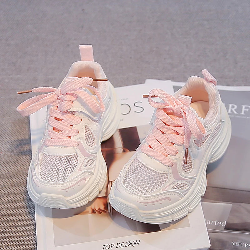 Summer Toddler Girls Breathable Mesh Chunky Sneakers Lace Up Non-Slip Soft Sole for Daily School Outdoor Running Play Wear
