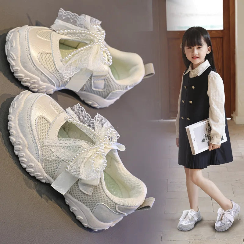 Lightweight Non-Slip Back To School Children Running Sandals Summer Kids Sport Sneakers for Girl Pearl Lace Mary Jane Flats