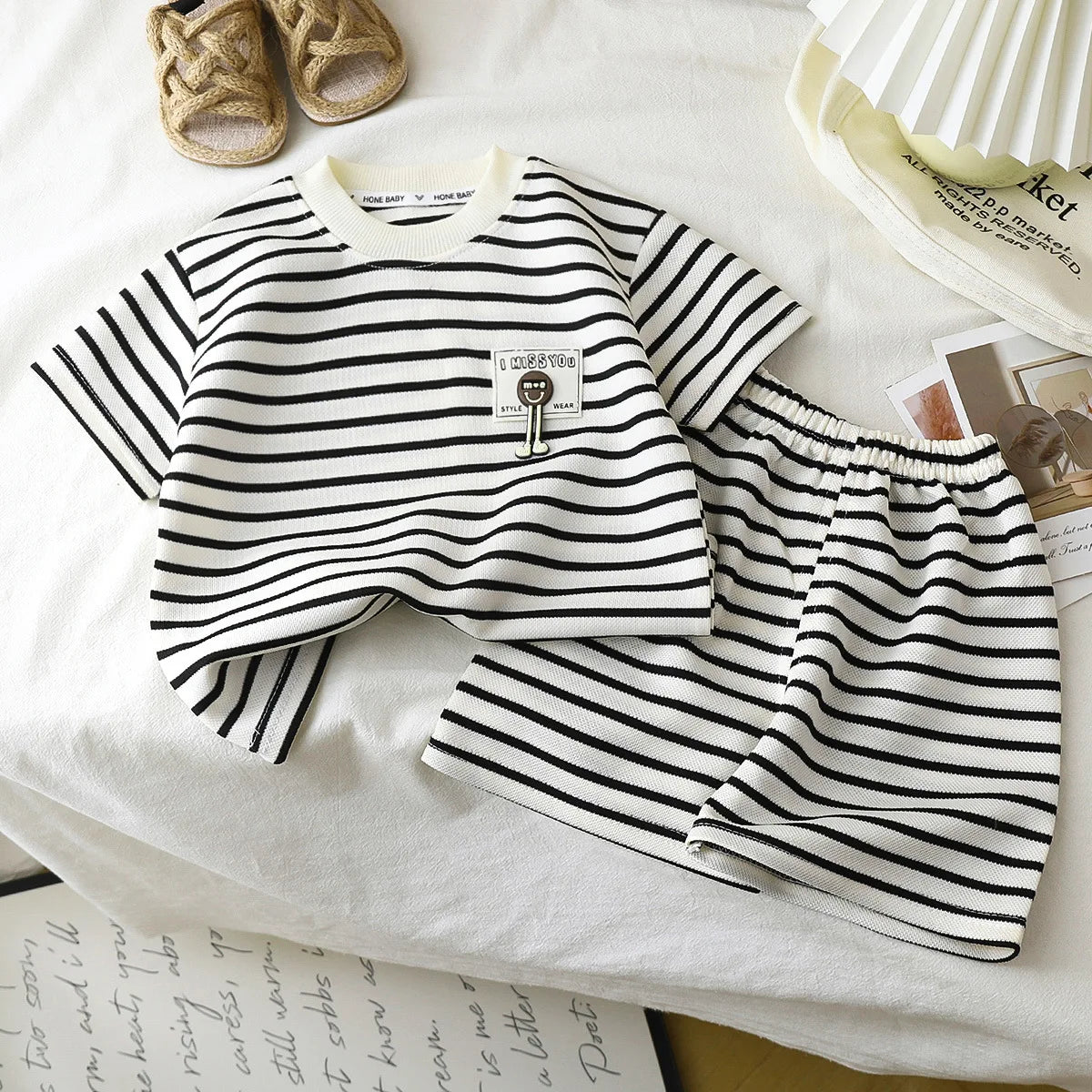 1Set Kid Clother Set Children Black White Stripe Print Short Sleeve T-Shirt Shorts Boy Girl Top Toddler Baby Leisure Sport Suits