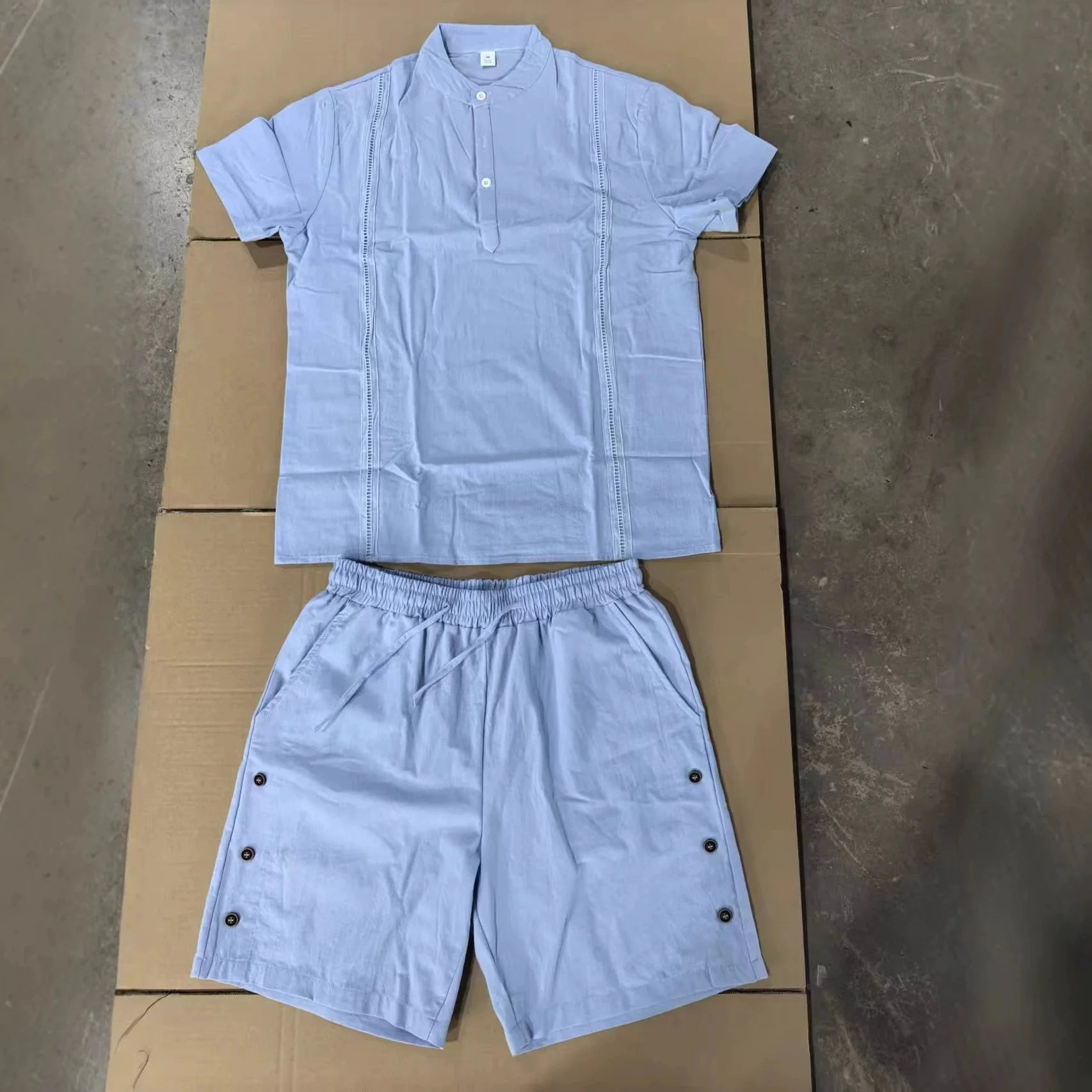 Summer best-selling men's cotton and linen fashionable casual personalized breathable short-sleeved short pants set