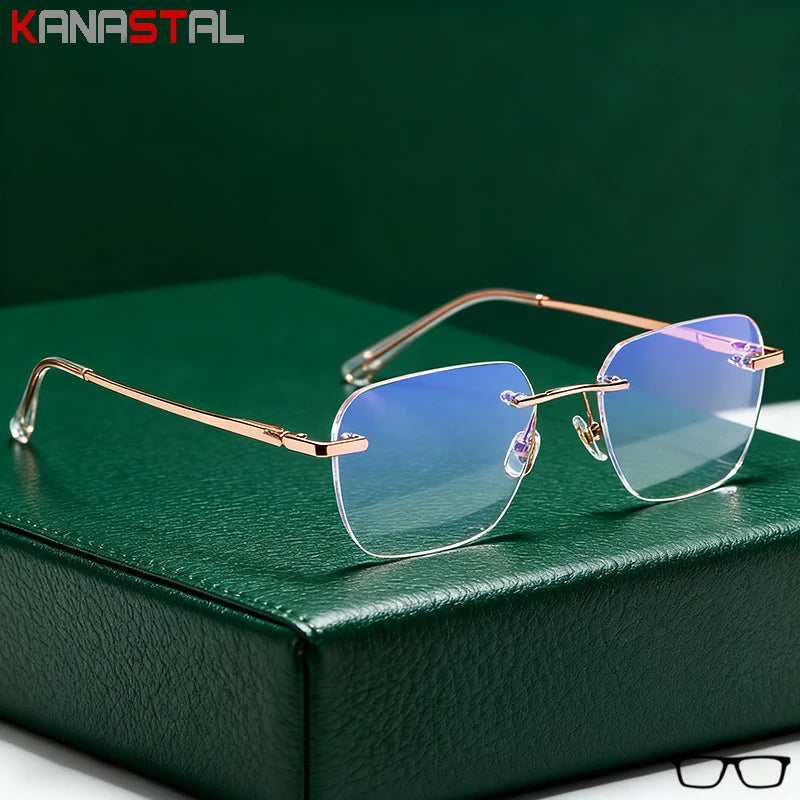 Men Pure Titanium Rimless Eyeglasses Frame Women Blue Light Blocking Lens Frameless Glasses Prescription Myopia Reading Eyewear